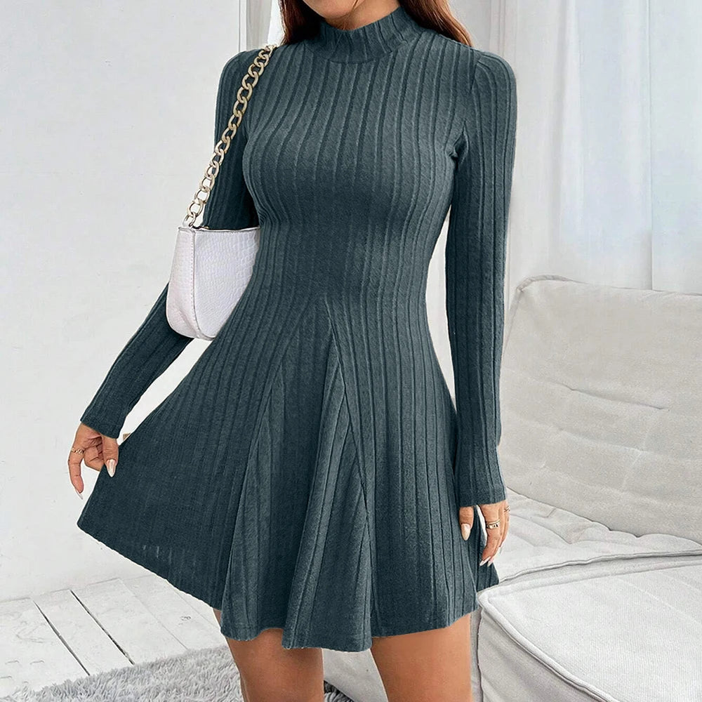 Elegantes Damenkleid mit Stehkragen – A-Linien-Schnitt & lange Ärmel